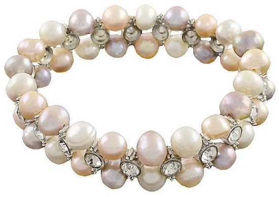 Zoetwater parel armband Double Soft Colors Pearl Bling - echte parels - wit - roze - zalm - oranje - elastisch - stras steentjes