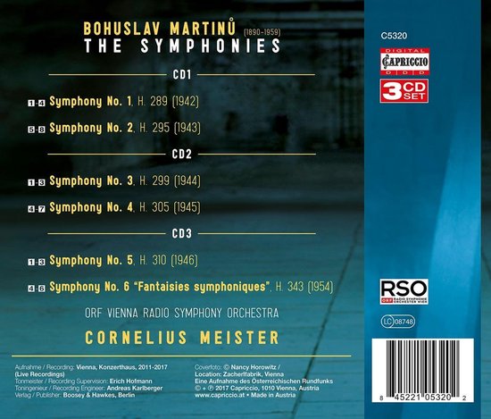 Bohuslav Martinů De Symfonieën Complete Opname, Lijst van symfonieën 1-6, ORF Wenen Radio Symfonieorkest, Cornelius Meister. 3 CD set.