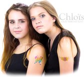 Chloïs Glittertattooset Girlie - Chloïs Glittertattoo - Glitter Tattoo - 18 sjablonen - 23 Tattoos - 7 ml Huidlijm - 4 x 5ml Cosmetische Glitter - Penselen set - Nep tattoo - Glitt