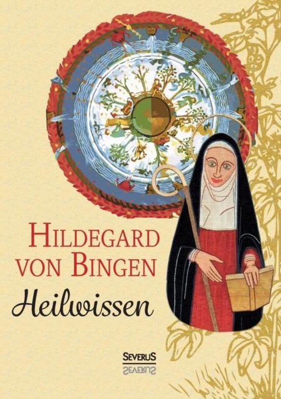 Boek "Hildegard von Bingen Heilwissen" met een illustratie van een non met een staf en een boek, met een rad-vormig motief.