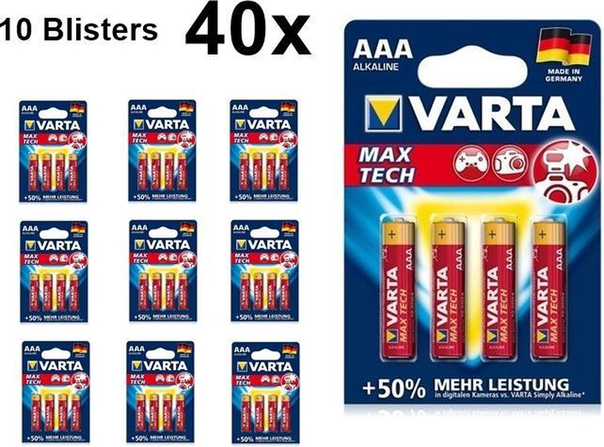 40 Stuks (10 Blisters a 4st) - VARTA Max Tech LR03 / AAA / R03 / MN 2400 1.5V alkaline batterij