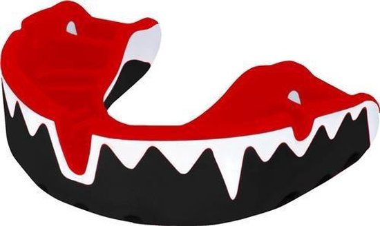 Een rood en zwart bitje met witte accenten, ontworpen als een haai.