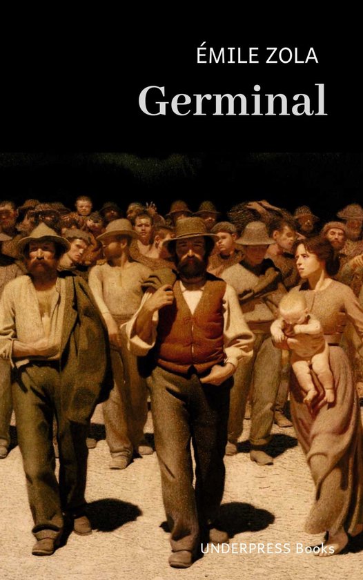 Boekomslag van "Germinal" van Émile Zola, met een afbeelding van een groep mijnwerkers.