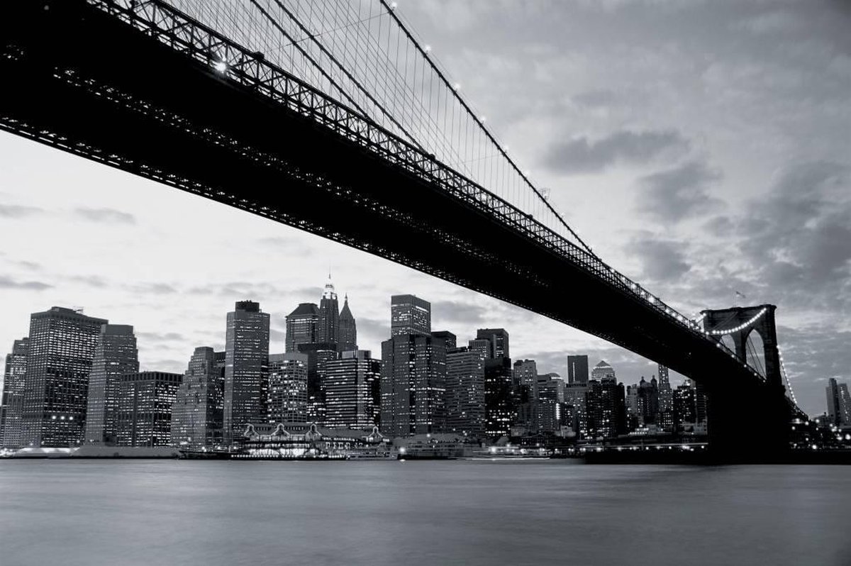 New York Brooklyn Bridge - Fotobehang - 232 x 315 cm - Zwart/Wit