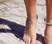 Fashionidea – mooie zilverkleurige enkelband, een multi layer met amulet en turquoise kralen.