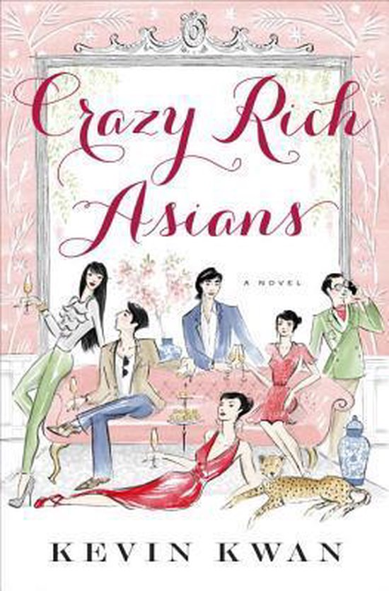 Couverture du livre 'Crazy Rich Asians' avec six personnes élégamment vêtues autour d'un canapé rose.