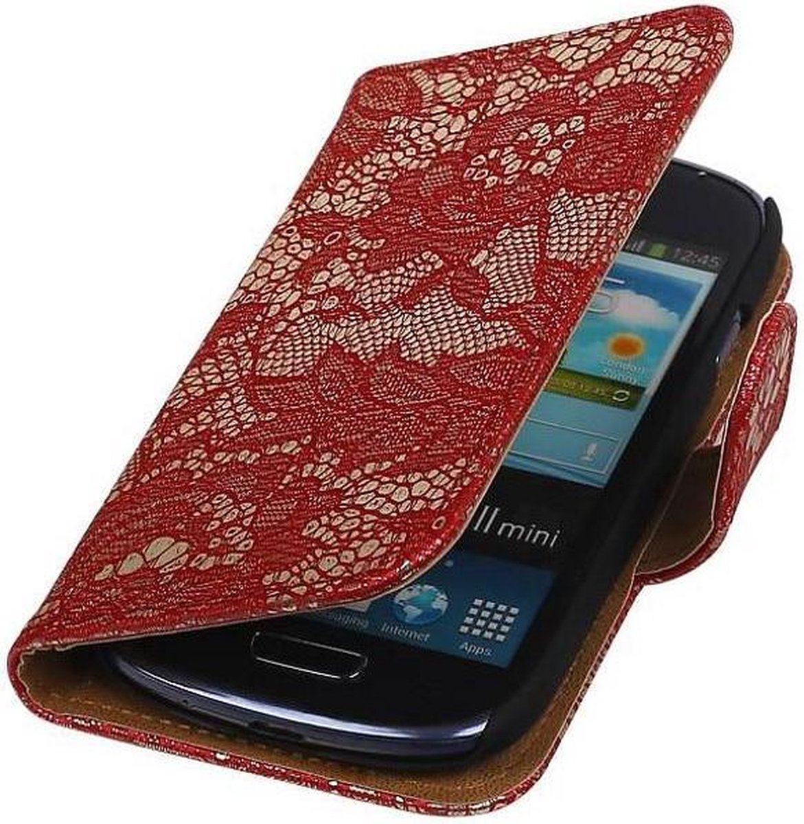 Lace Bookstyle Wallet Case Hoesjes Geschikt voor Samsung Galaxy S3 mini i8190 Rood