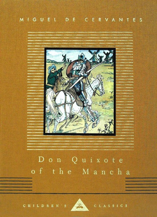 Couverture de livre avec un dessin de Don Quichotte sur un cheval blanc, chevauchant avec Sancho Panza.