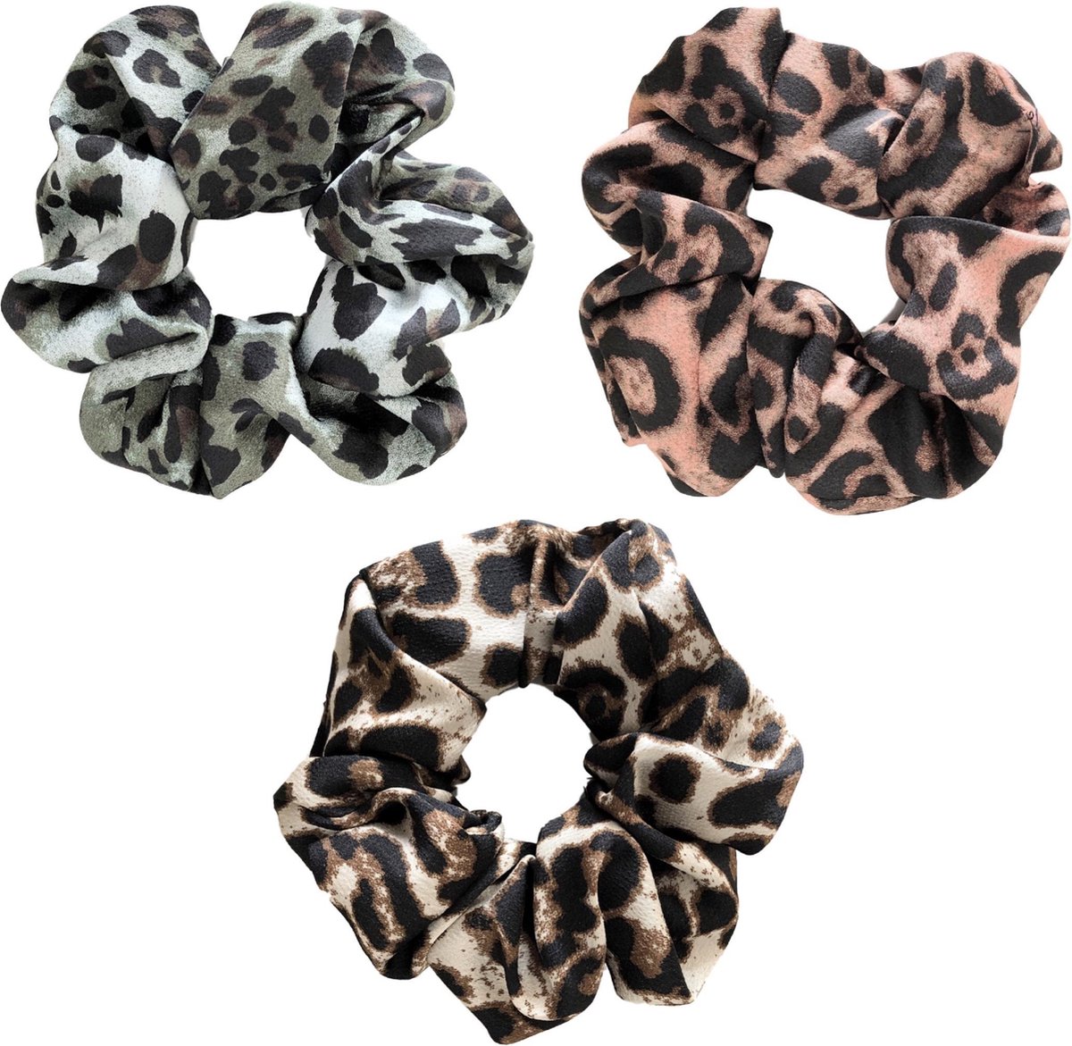 Scrunchie kraagjeskopen.nl - panterprint beige groen koper satijn exclusief haarwokkel haarelastiek - 3 stuks - extra groot - scrunchies