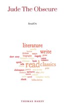 Boek kaft met de titel 'Jude The Obscure' en een woordwolk met literaire genres, door Thomas Hardy.