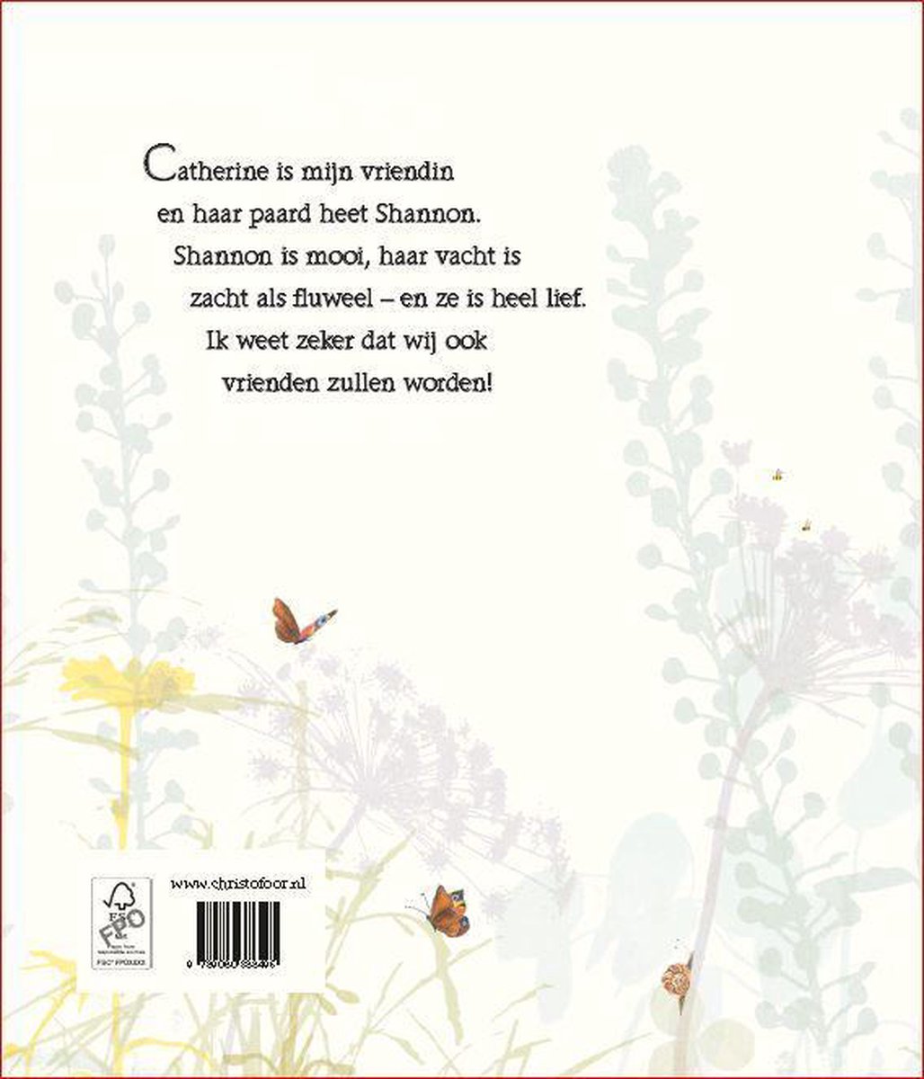 Boekomslag met tekst over Catherine en haar paard Shannon. Vlinders en plantenillustraties.