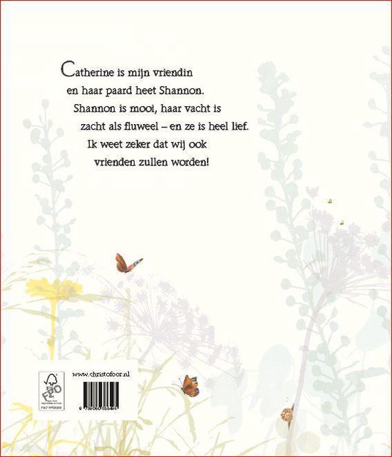 Boekomslag met tekst over Catherine en haar paard Shannon. Vlinders en plantenillustraties.
