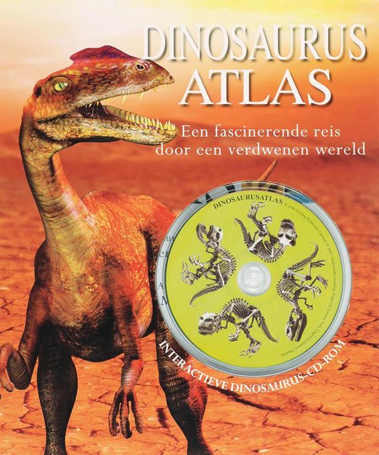 Een illustration van een velociraptor met oranje en gele schubben, geopend in een rode, rotsachtige woestijn, naast een cd-rom met dinosaurusskeletten.