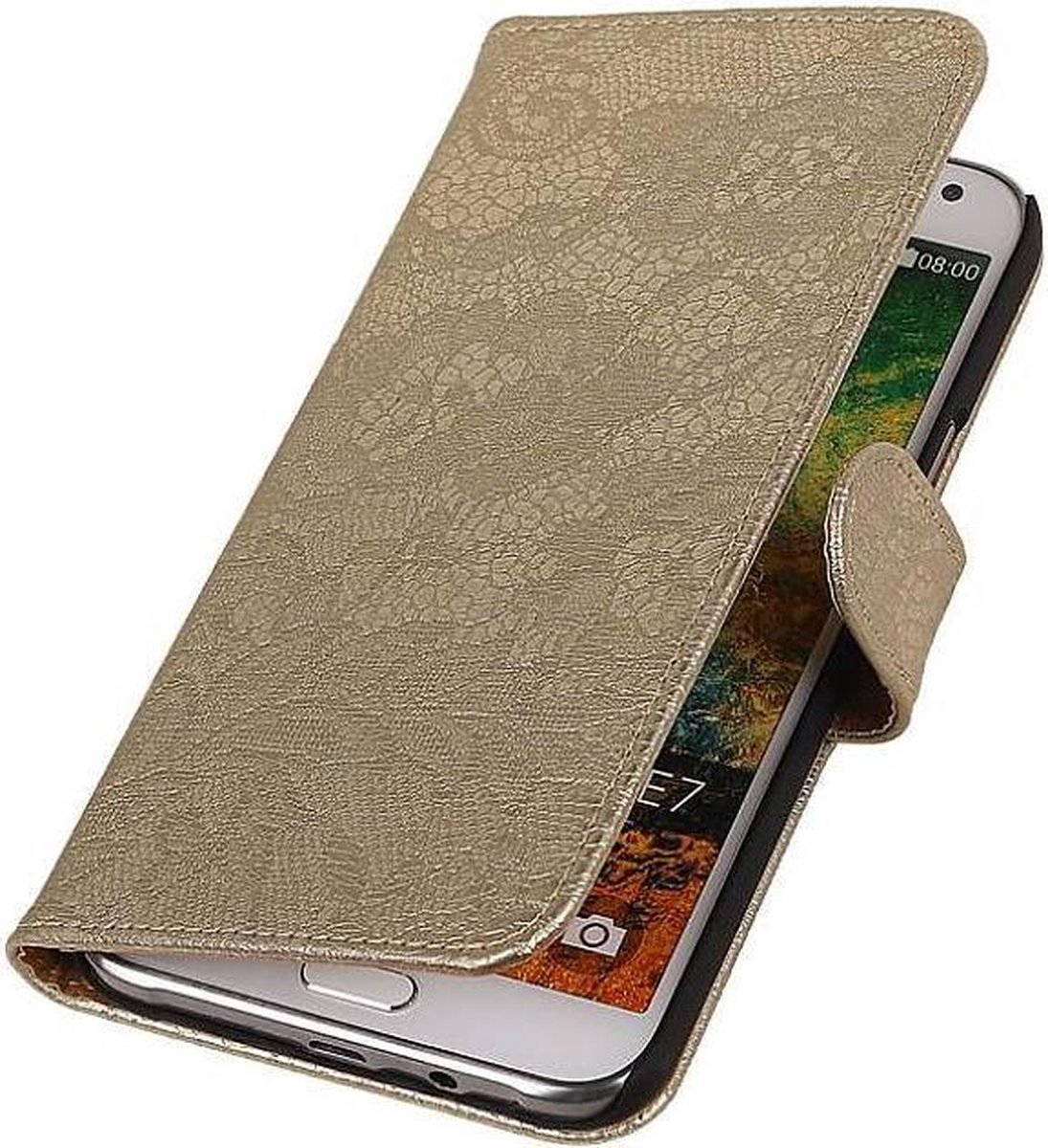 Lace Bookstyle Wallet Case Hoesjes Geschikt voor Samsung Galaxy E7 Goud