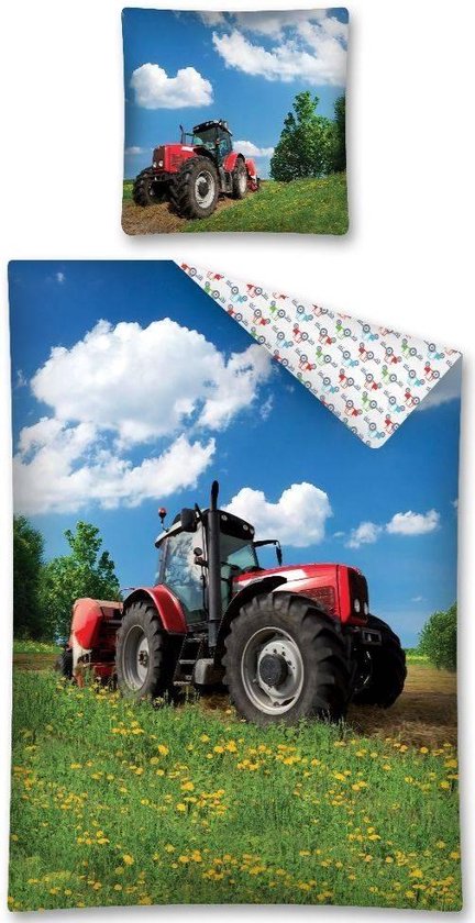 Housse de couette Tractor - tracteur rouge dans le pré - simple avec 1 taie d'oreiller - 100% coton