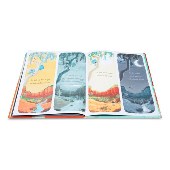 Open kinderboek met vier illustraties die verschillende weersomstandigheden en tijdstippen tonen, met koala's in een boom.