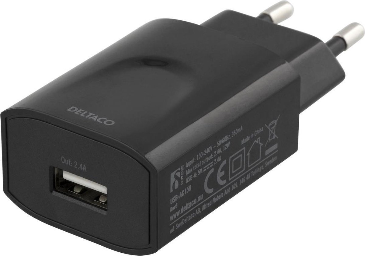 DELTACO USB-AC159, Wandoplader 100-240V tot 5V USB, 2.4A, 12W, 1xUSB-A poort, zwart