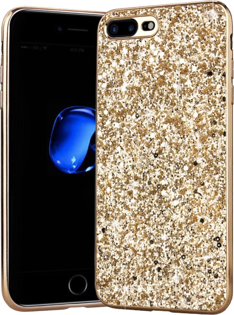 Geschikt voor Apple iPhone 7 Plus - 8 Plus Backcover - Goud - Glitters - Hard PC Hoesje
