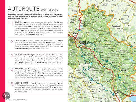 Een gedetailleerde kaart van de regio Toscane met routes, steden en bezienswaardigheden.