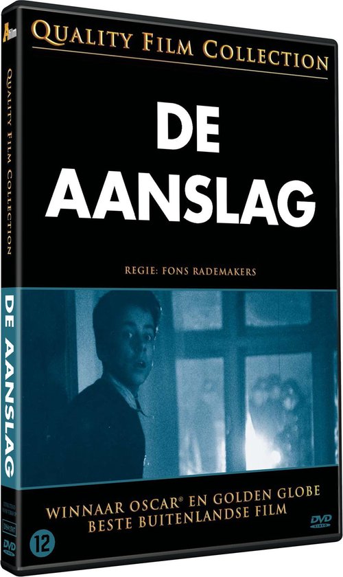 DVD-hoes van "De Aanslag". Jongen in pak kijkt naar links. Titel: "DE AANSLAG". Regie: Fons Rademakers. Winnaar Oscar & Golden Globe.