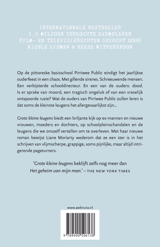 Achterkant boek 'Grote kleine leugens' met recensies en barcode.