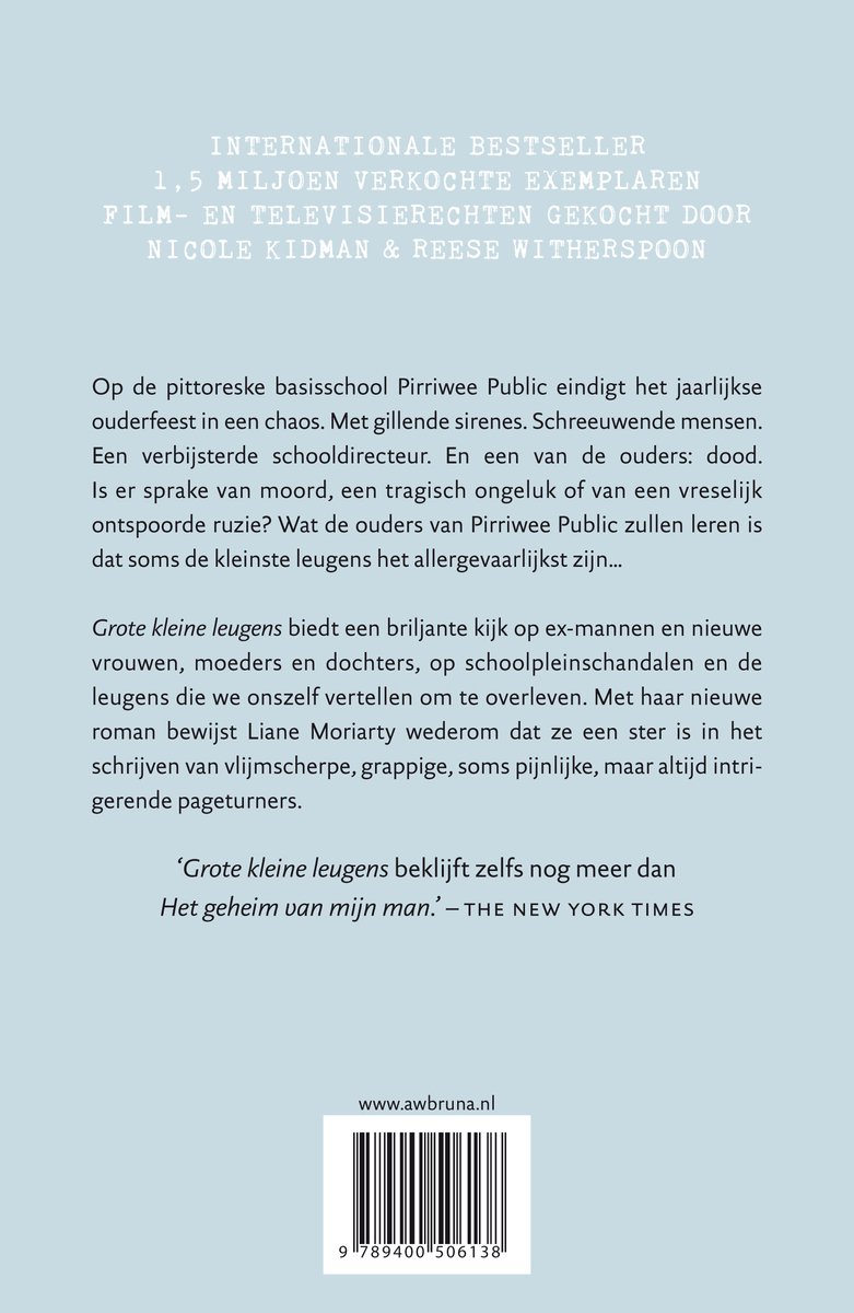 Achterkant boek 'Grote kleine leugens' met recensies en barcode.