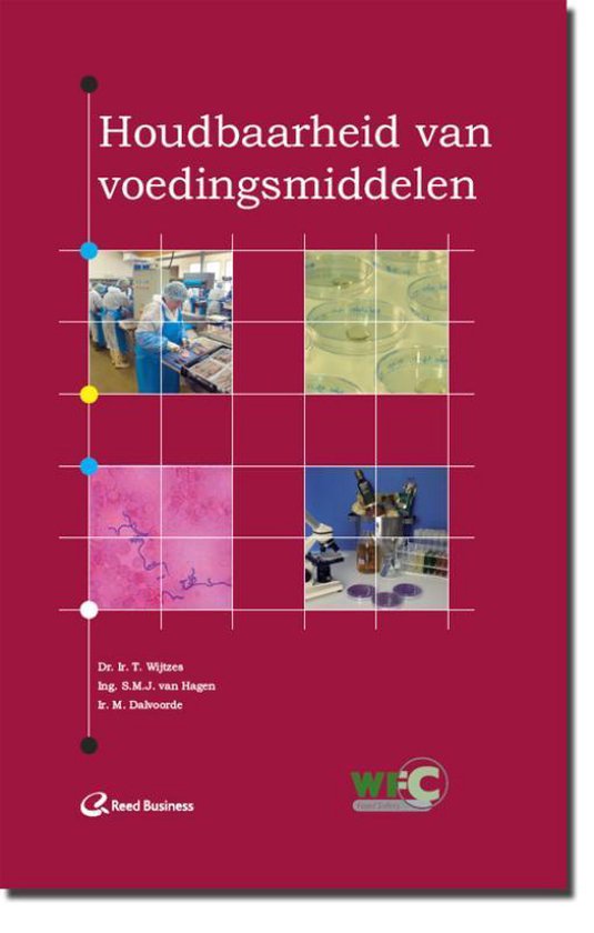 Boekcover met de titel 'Houdbaarheid van voedingsmiddelen'. Vierkante afbeeldingen tonen laboratoriumwerk, petrischalen, microscopen en cellen.