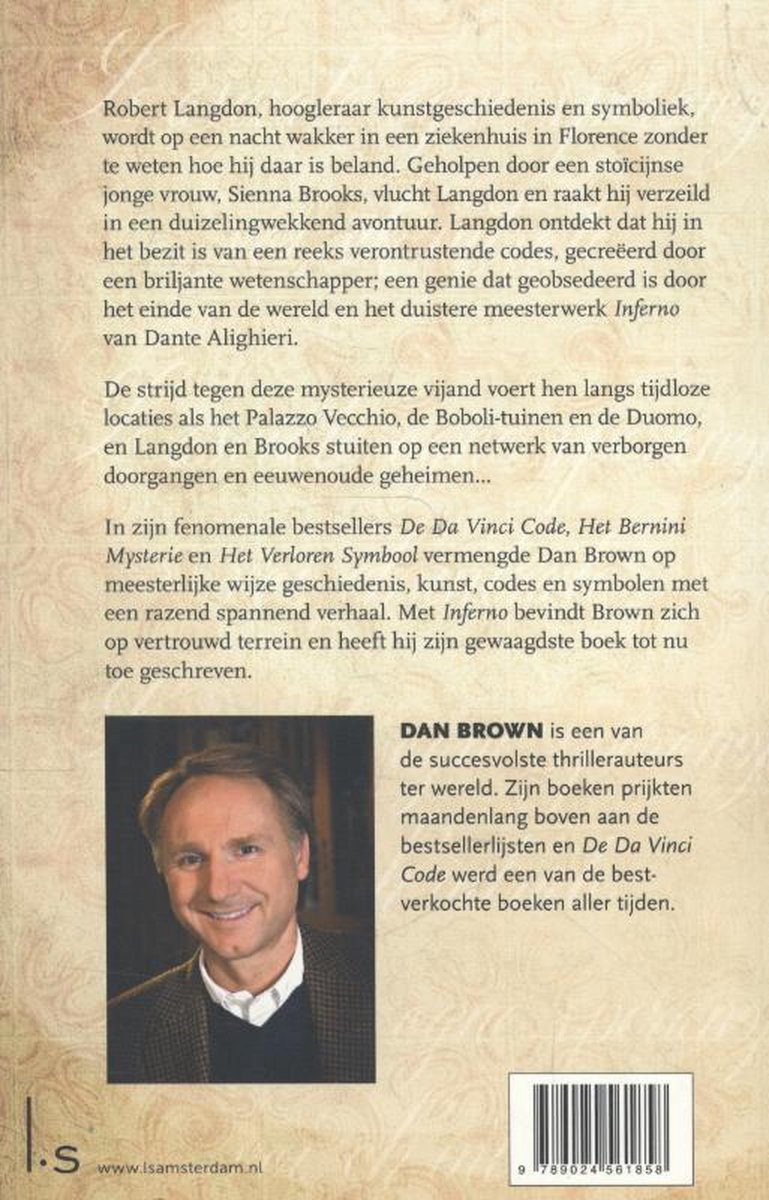 Achterkant van het boek Inferno van Dan Brown met een portret van de auteur.