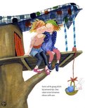 Twee meisjes knuffelen op een boomhutplatform met een konijn in een mandje.