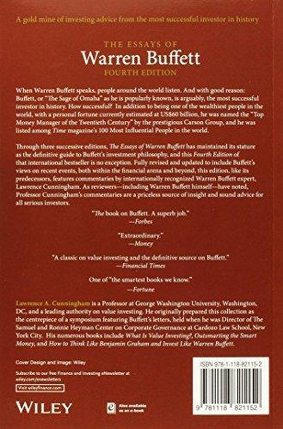 Achterkant van 'The Essays of Warren Buffett', vierde editie. Tekst en een ISBN-nummer.
