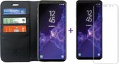 Samsung Galaxy S9  - Lederen TPU Wallet Case Zwart - Portemonee Hoesje met Glas PET Folie Screen Protector Transparant 0.2mm