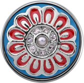 Quiges - Dames Click Button Drukknoop 18mm Bloem Blauw met Rood en Faux Parel - EBCM280