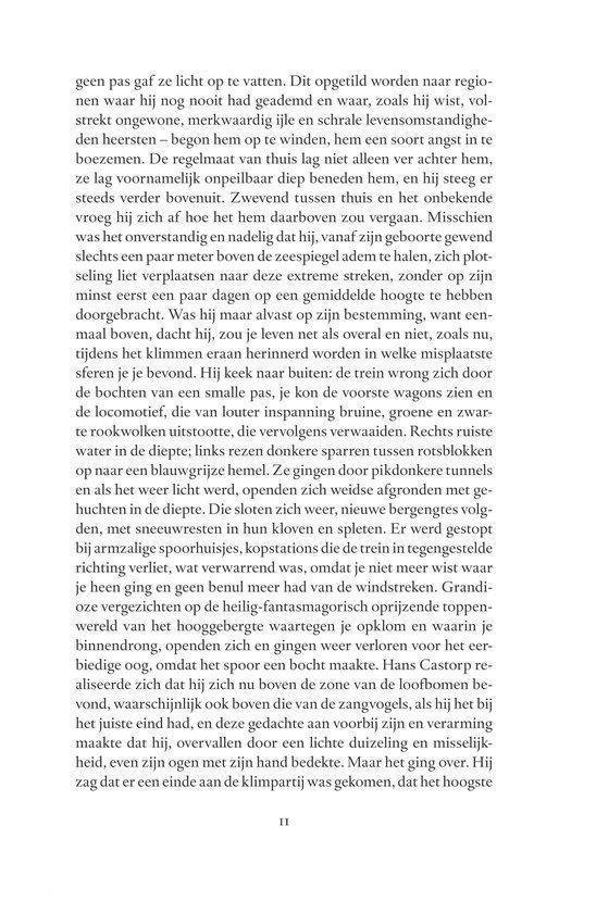 Tekstpagina uit een boek met een paragraaf over de reis van Hans Castorp met de trein en de landschappen die hij ziet.