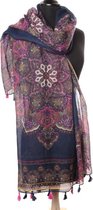 Donker blauw roze en paars dames sjaal met kwastjes 90 x 175 cm