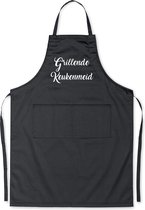 Mijncadeautje Schort - "Grillende Keukenmeid" - opdruk wit -  exclusieve keuken- en barbecueschort - zwart