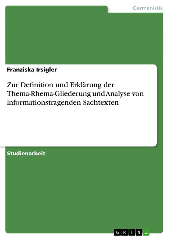 Zur Definition Und Erkl�Rung Der Thema-Rhema-Gliederung Un ... - cover