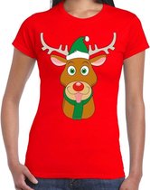Foute Kerst t-shirt met Rudolf het rendier met groene kerstmuts rood voor dames L