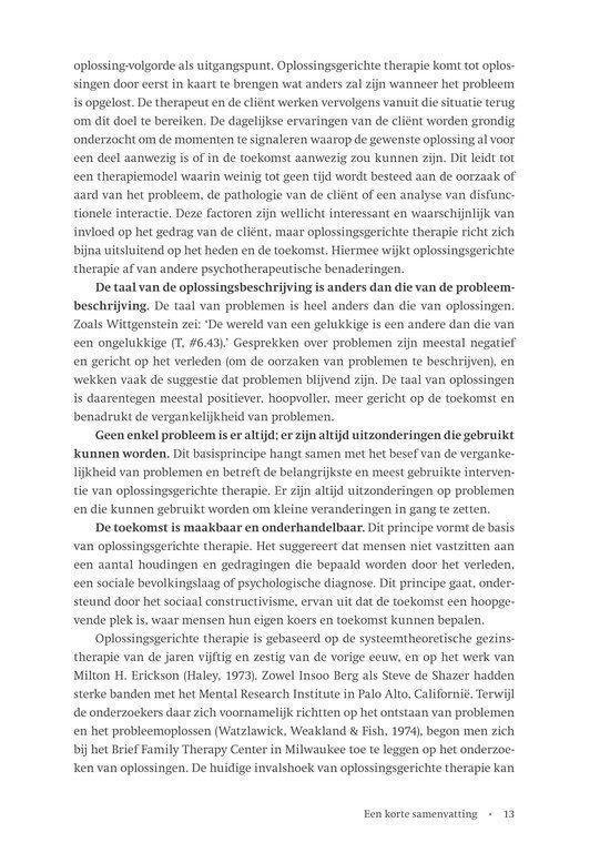 Bladzijde met tekst die de belangrijkste principes van oplossingsgerichte therapie bespreekt, zoals de basisprincipes en effectiviteit.