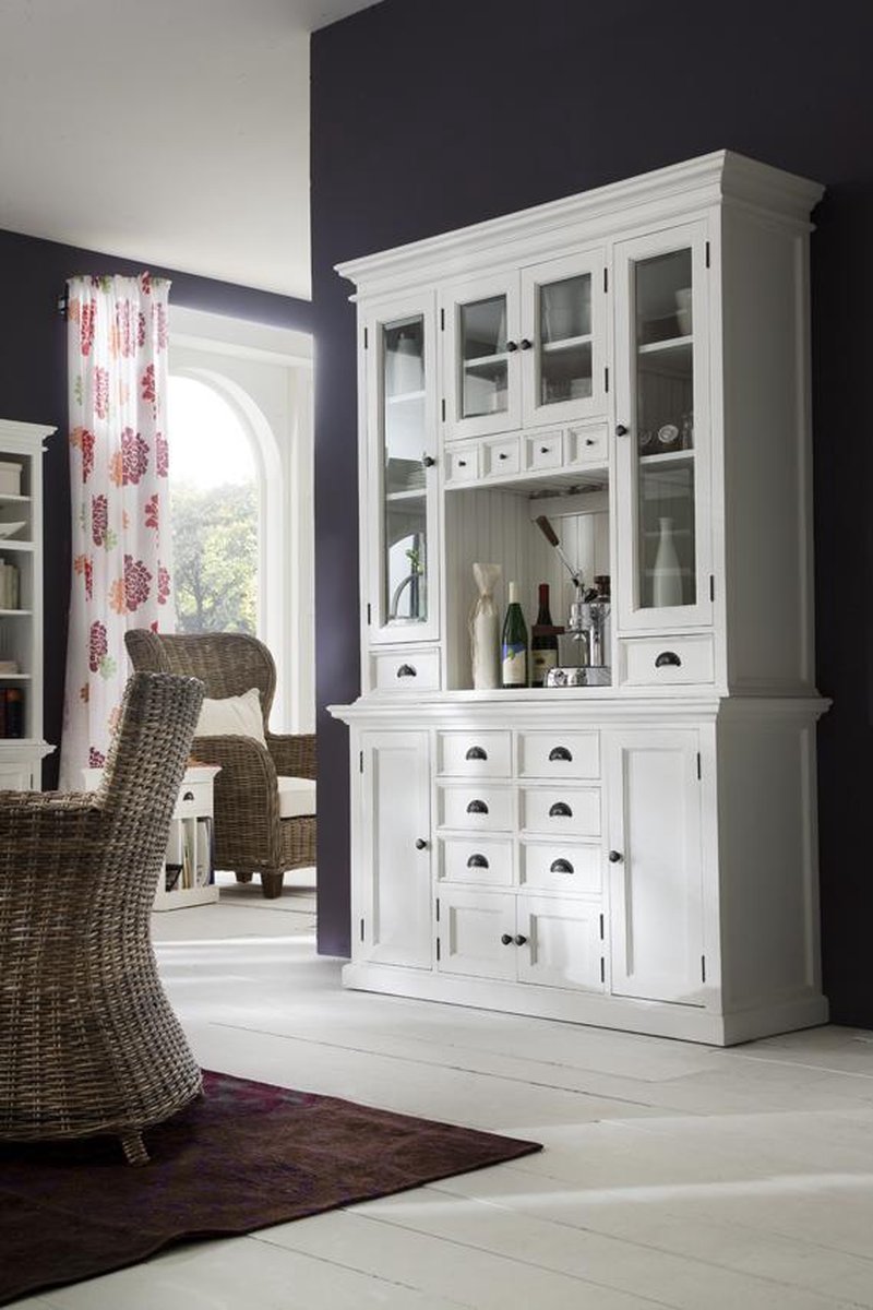 vitrinekast wit - buffetkast wit - landelijke witte vitrinekast - 145x50x220 hoog - diverse lades en deuren - gemonteerd - Nova Solo - BCA597