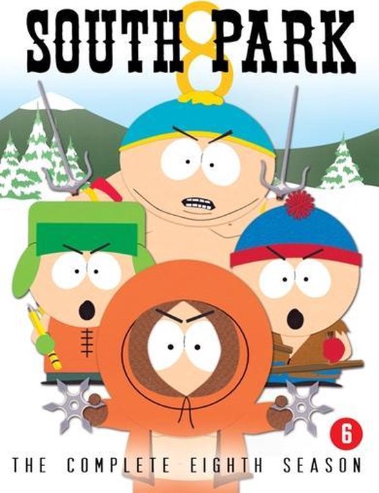 South Park - The Complete Eighth Season DVD-hoes met Cartman, Stan, Kyle en Kenny die shuriken vasthouden voor een besneeuwd landschap.