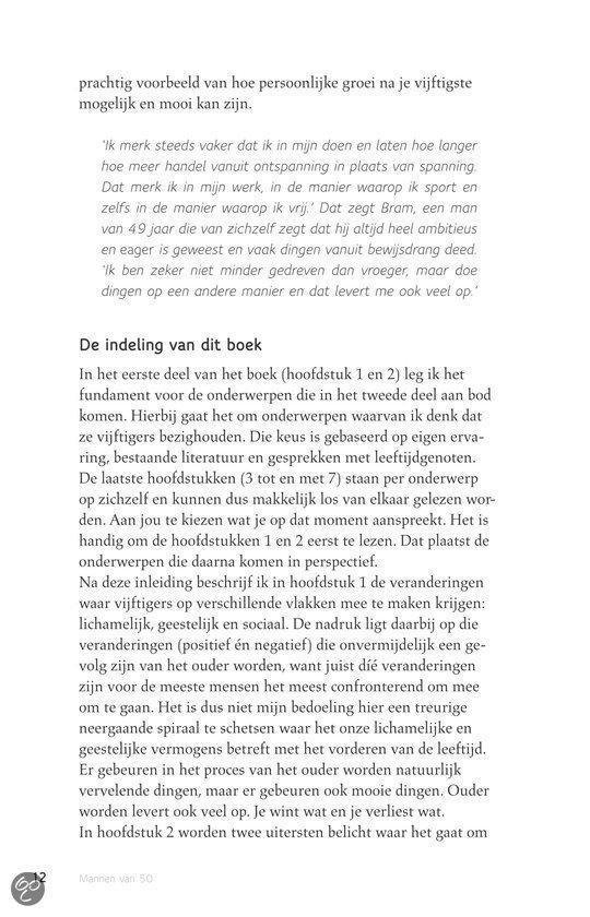 Tekstpagina met citaten over persoonlijke groei en de indeling van het boek 'Mannen van 50'.