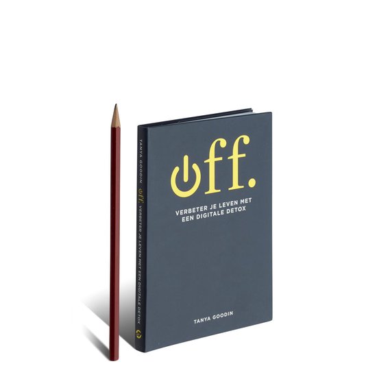 Donkerblauwe boek met gele tekst 'off.' en 'VERBETER JE LEVEN MET EEN DIGITALE DETOX'. Naast het boek ligt een rode potlood.