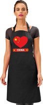 Chinese vlag in hart keukenschort/ barbecueschort zwart heren en dames - I love China schort