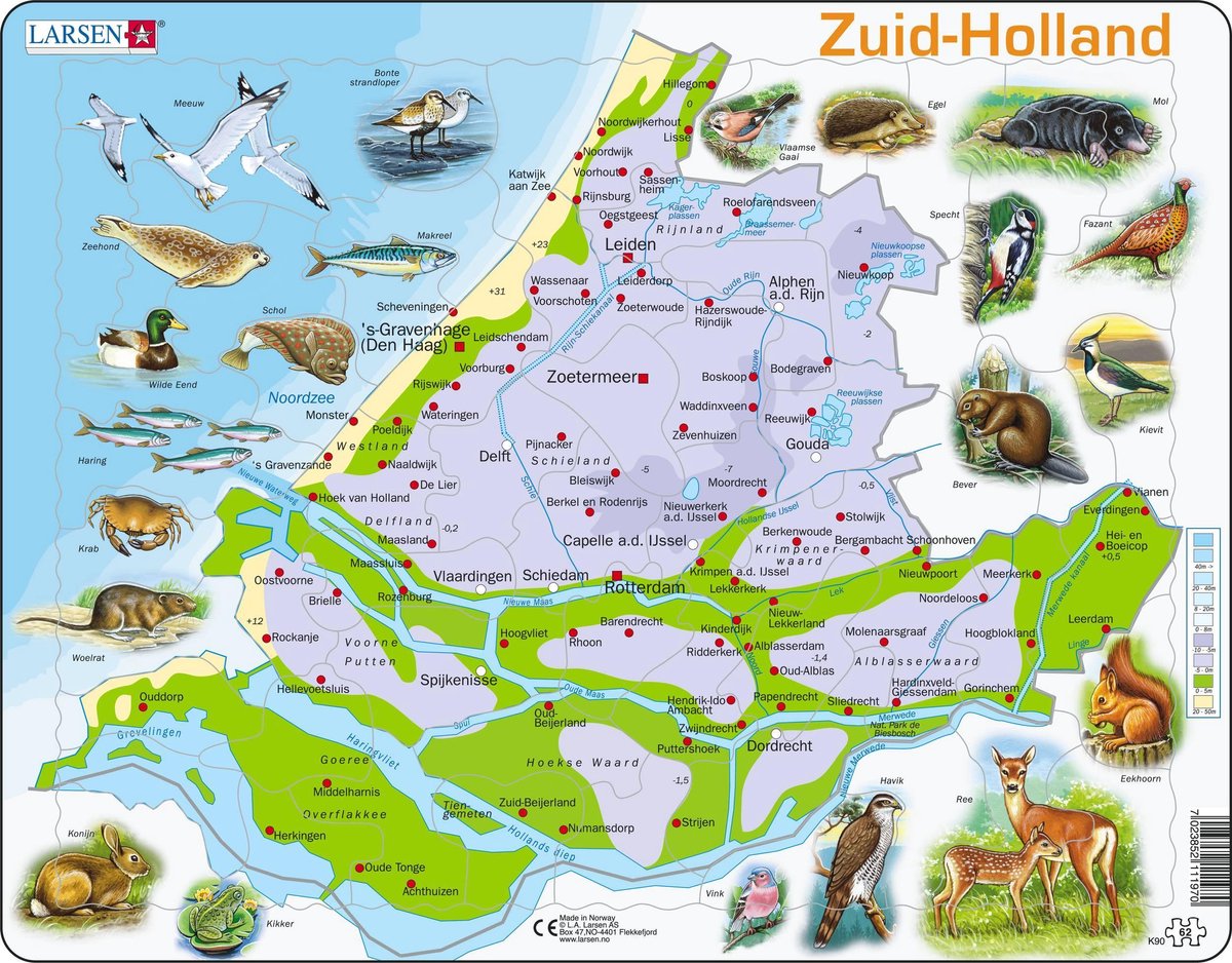 Larsen zuid-holland met dieren - puzzel - kaarten & geografie - nederland - educatieve legpuzzel voor kinderen - 62 stukjes - gemaakt in noorwegen - extra dikke 2,5 mm stukjes - tray met vaste rand