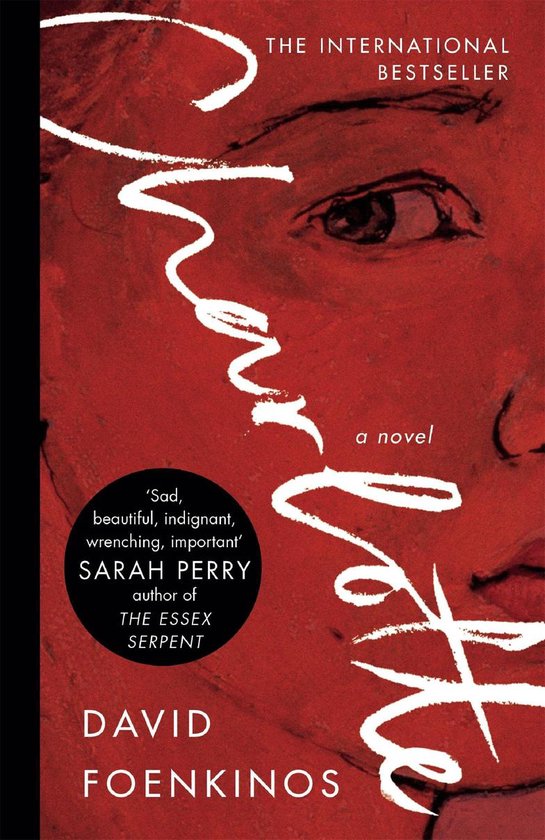 Couverture du livre 'Charlotte', un roman de David Foenkinos. Gros plan sur un visage avec un fond rouge. Le titre 'Charlotte' est inscrit en lettres blanches cursives.