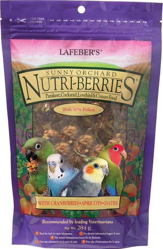 Paars pakje Lafeber's Nutri-Berries met 2 kaketoes, 1 valkparkiet en 1 roseïgeltje, met cranberries, abrikozen en dadels.