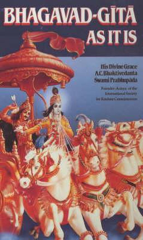 Boekomslag van Bhagavad Gita As It Is, met een illustratie van Krishna en Arjuna op een strijdwagen.