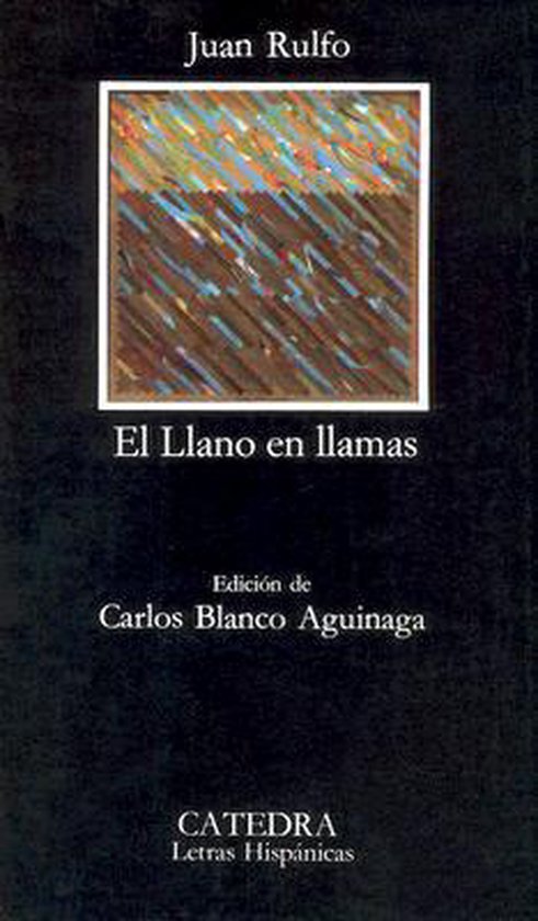 Boek "El Llano en Llamas" van Juan Rulfo. Abstracte omslag met bruine, blauwe en oranje strepen.