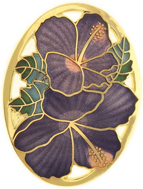 Behave® Broche ovaal met bloemen paars - emaille sierspeld -  sjaalspeld  5 cm