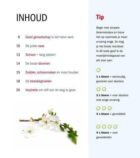Inhoudsopgave boek "Bloemschikken" met tekst en bloem.
